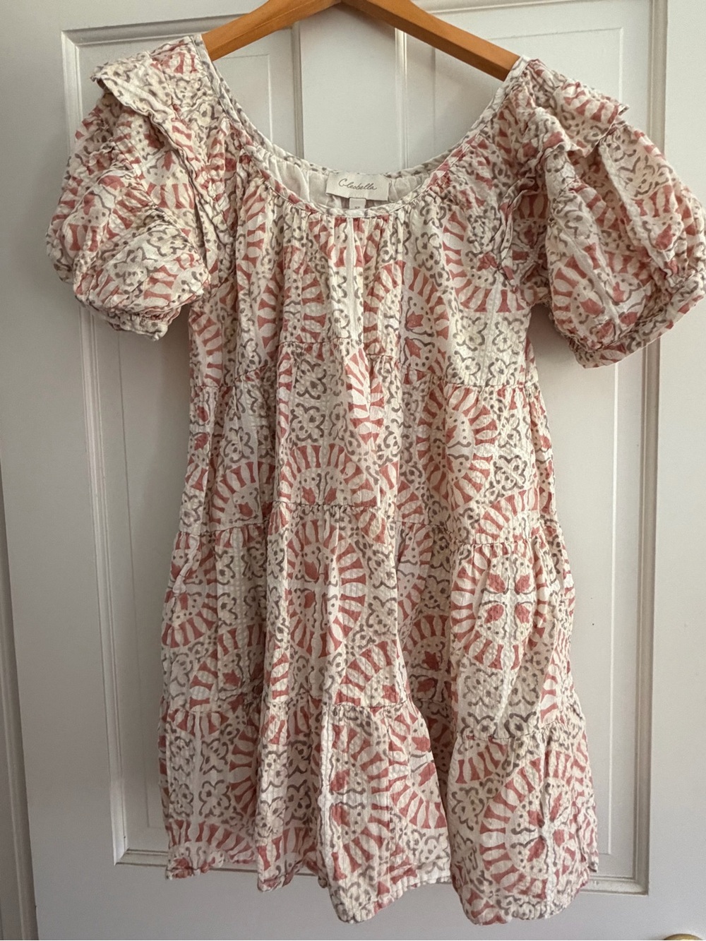 Cleobella Pink and Cream Tiered Puff-Sleeve Casual Dress
